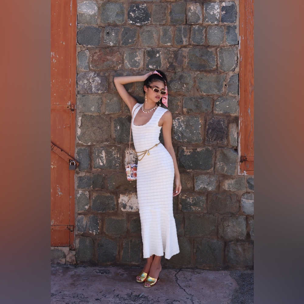 LoveShackFancy Leigh Pointelle Knit Midi Dress In Ivory, brand new without tags.